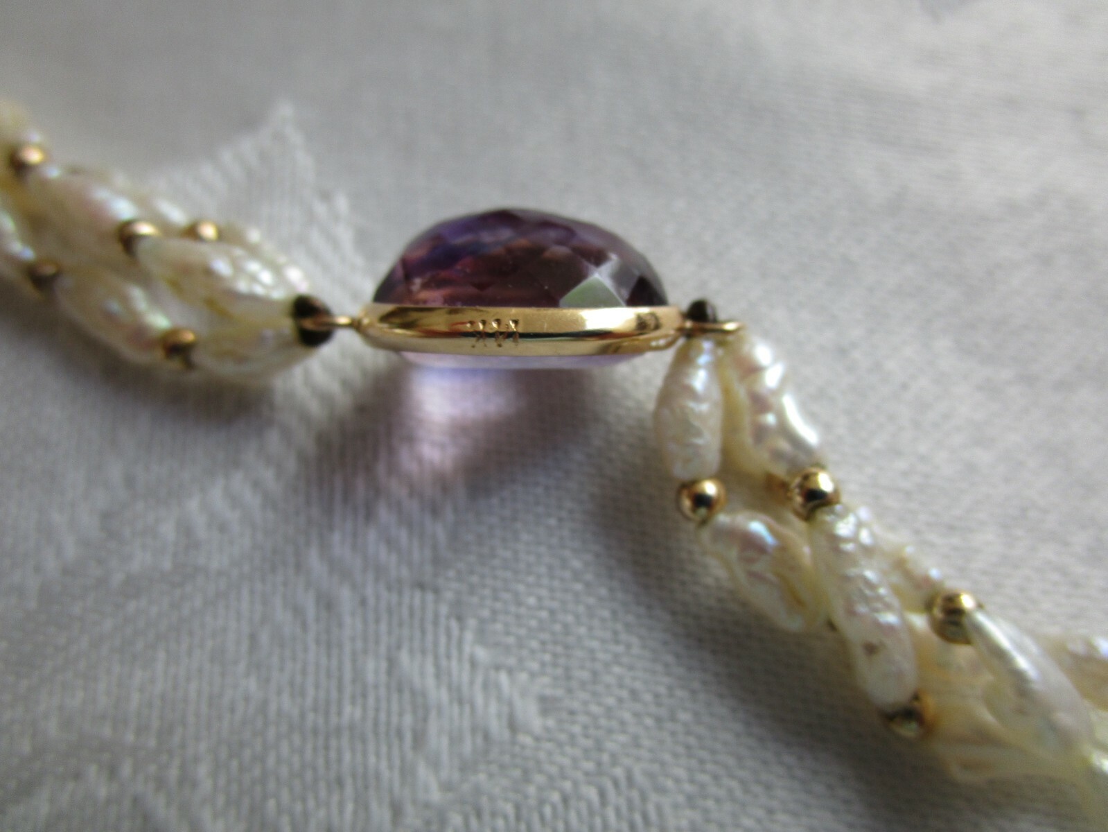 Vintage 14K Yellow Gold Amethyst Pearl Necklace 30″ L Excellent