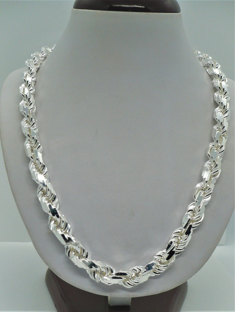 Solid 925 Sterling Silver Italian Rope Chain Mens Necklace Diamond Cut 9mm