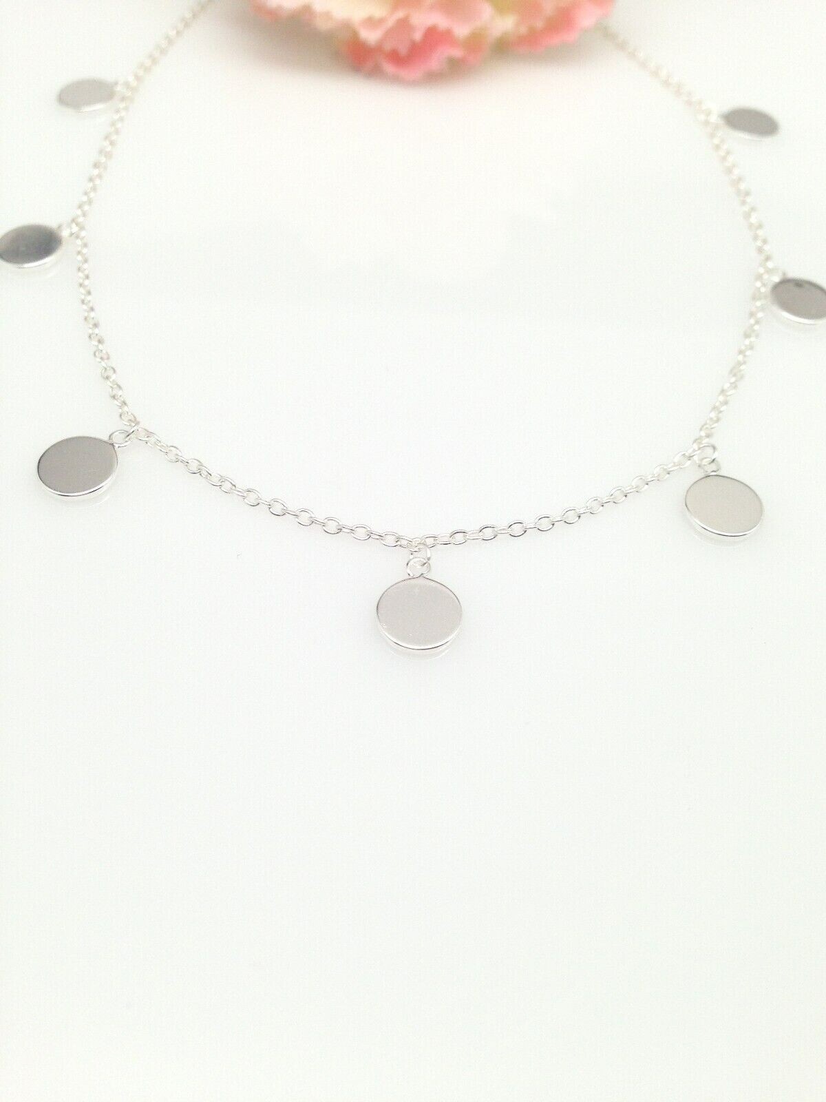 Plain Silver Disc Charm Station Choker Necklace 925 Sterling Silver 5.5mm 15.75″