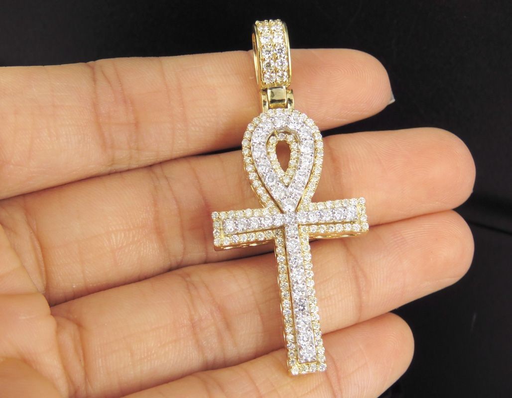 1.53Ct Round Natural Moissanite Jesus Ankh Cross Pendant 14K Yellow Gold Plated