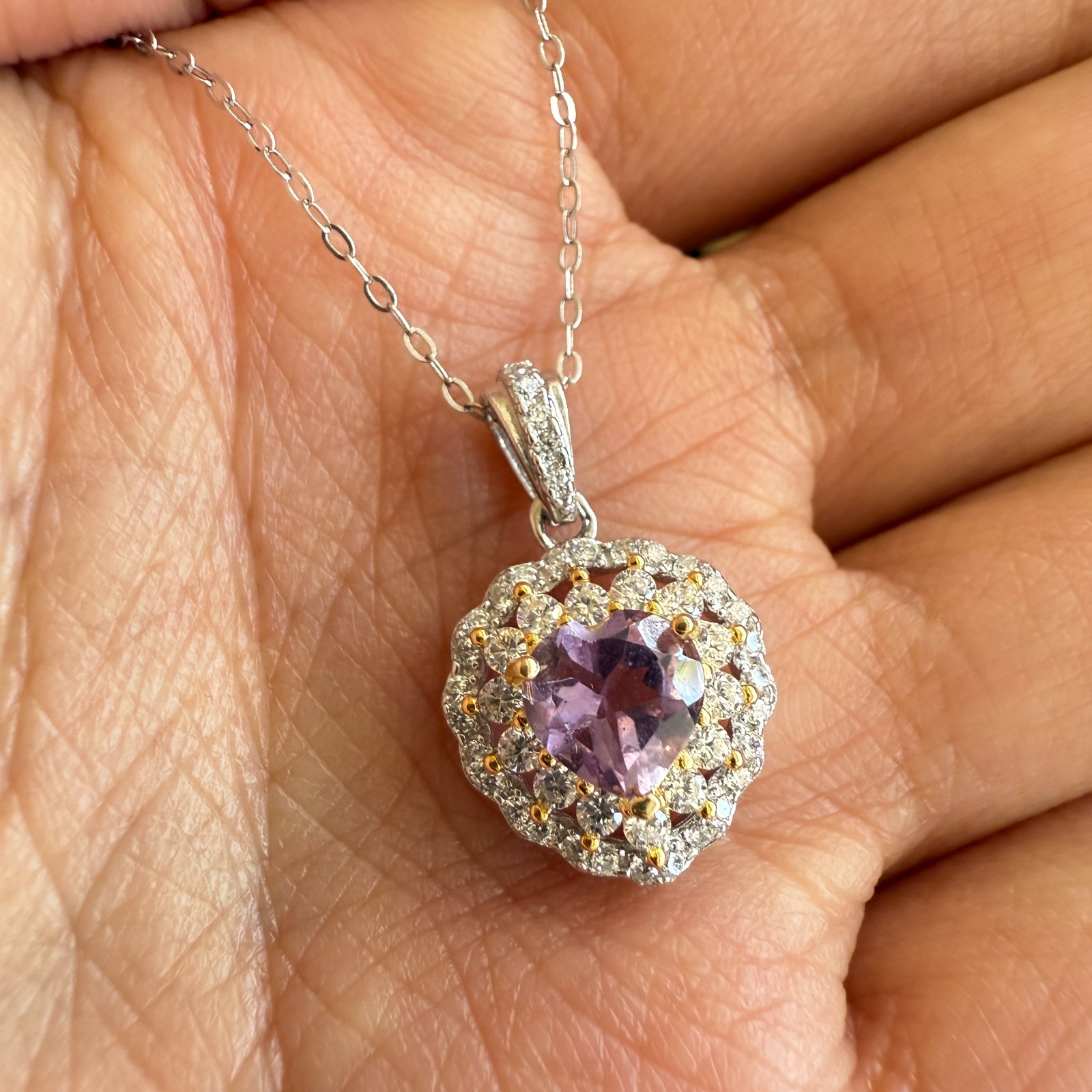 925 Sterling Silver Necklace 5mm Heart Natural Amethyst Gemstone Zircon Chain