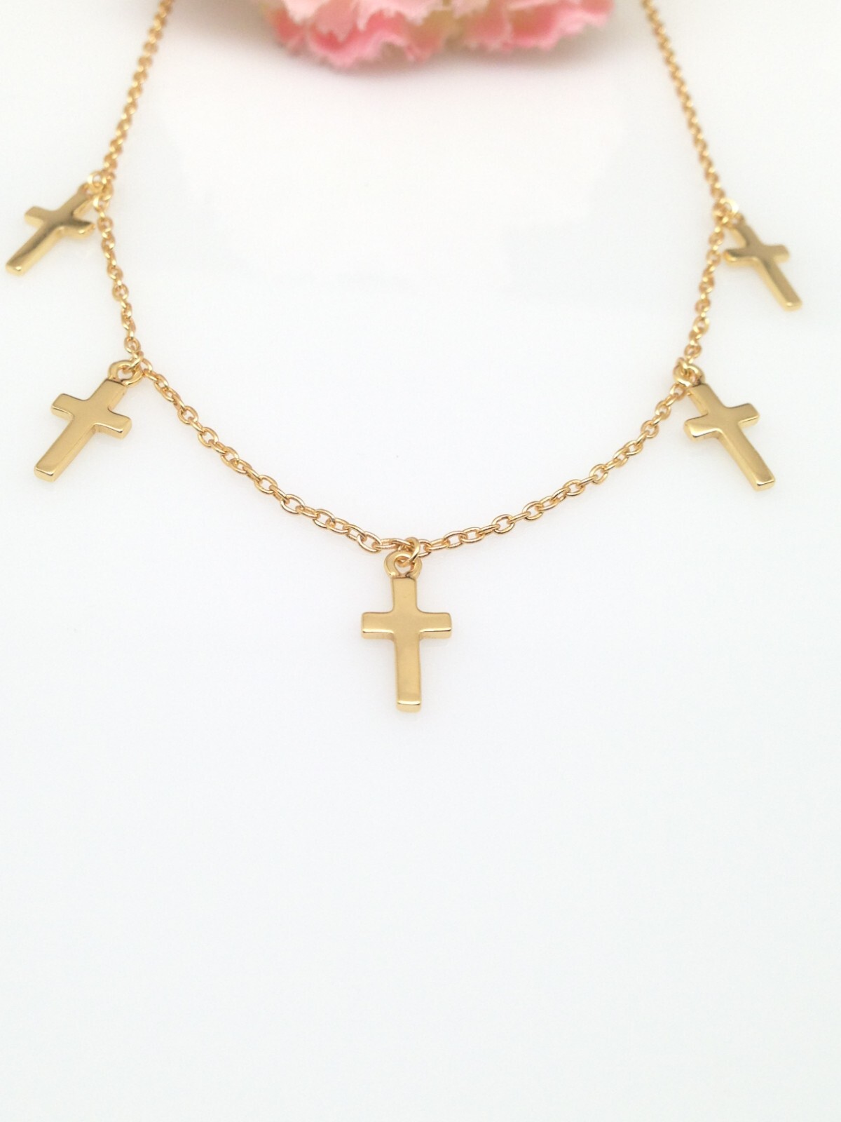 925 Sterling Silver Cross Charm Dangle Choker Necklace Plain Gold 9mm 15.5″ Girl