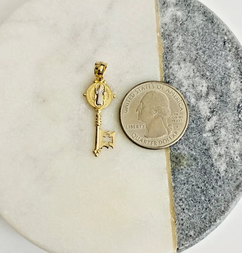 Small Tiny 14K Gold Saint Benedict Key Pendant – 1.3″ San Benito 2T Gold Charm