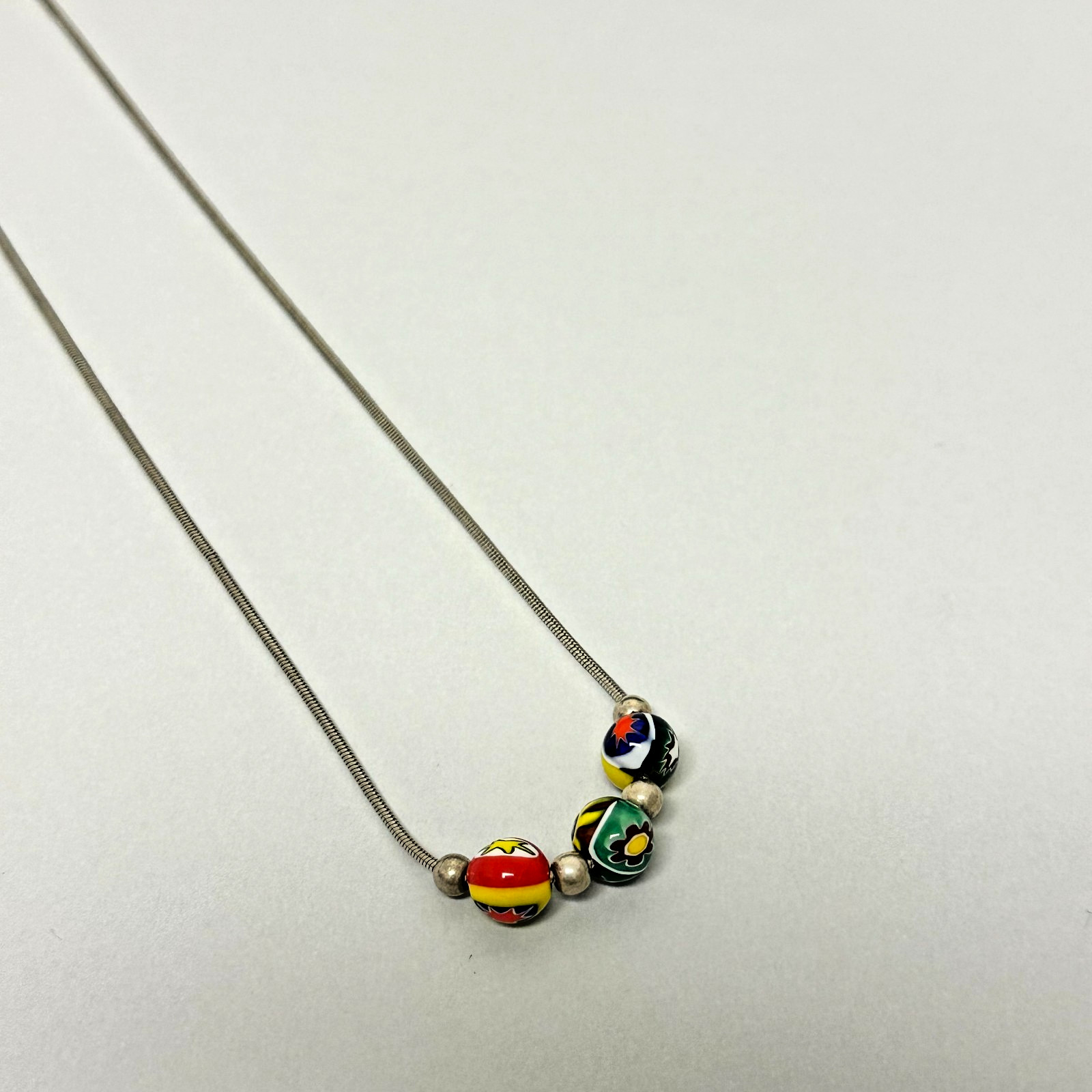 Sterling Silver Venetian Millefiori Beaded Necklace Snake Chain Italy Minimalist