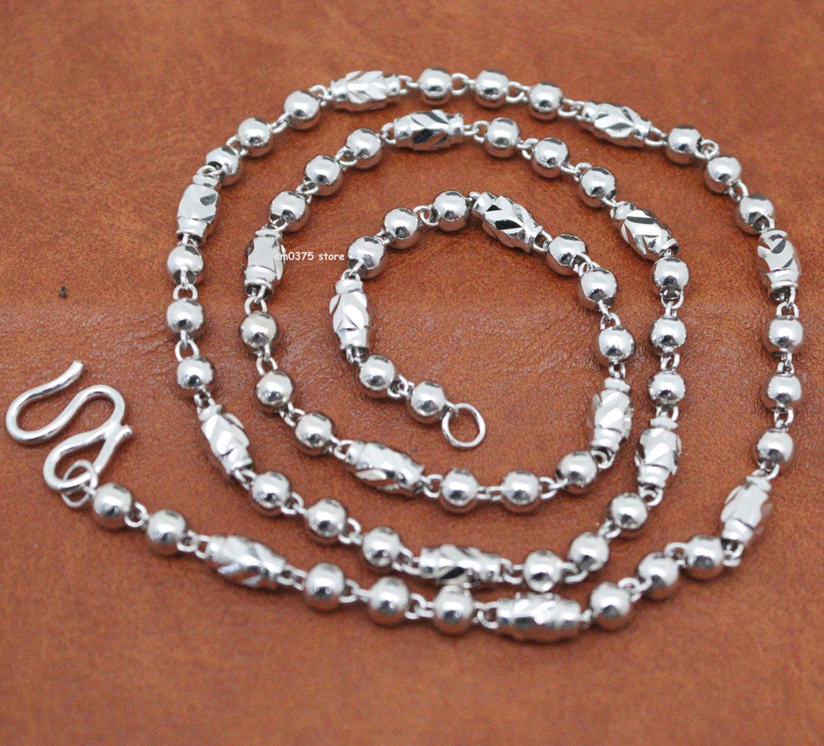 Real S925 Sterling Silver Necklace Women 4mm Round Oval Beaded Chain 20inchL