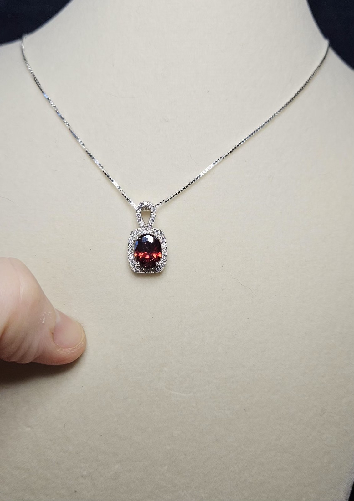 925 Sterling Silver Garnet with Moissanite Halo and 925 Italian Silver Box Chain