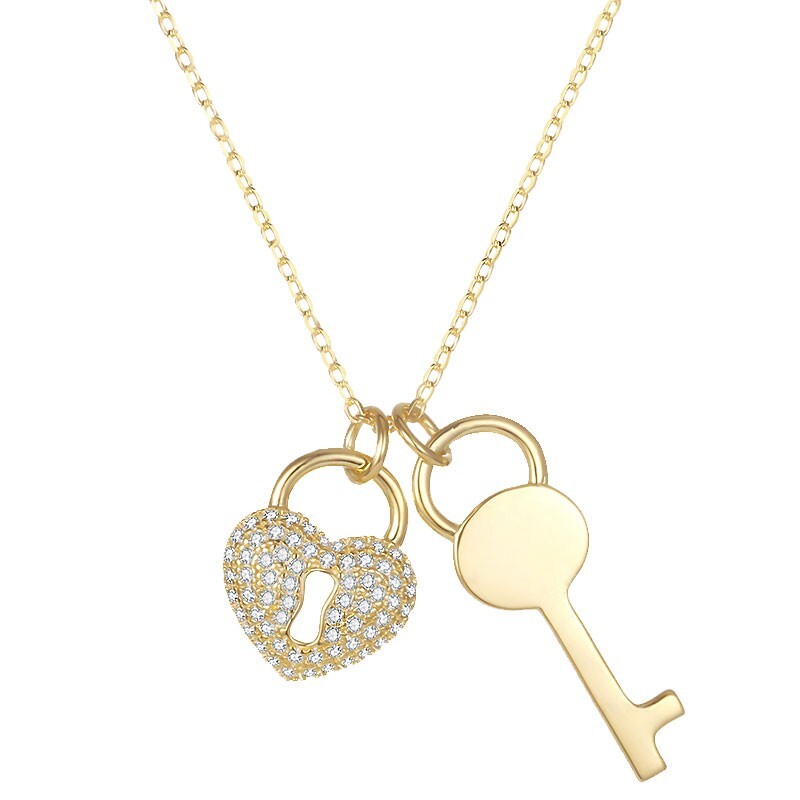 .33ct Moissanite Heart Lock & Key Necklace 925 Silver 14k Gold Pave Set New Gift