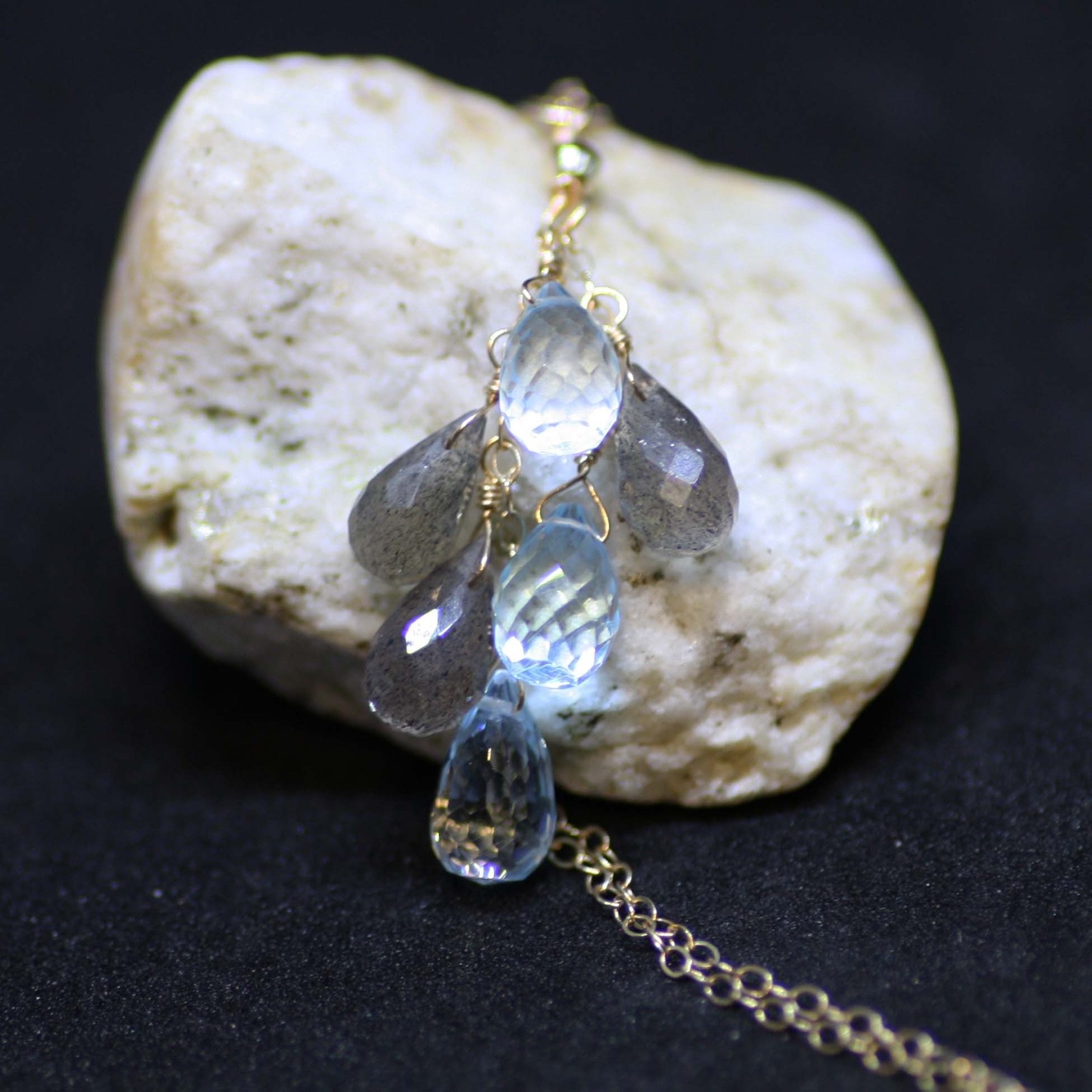 Handmade 14K Gold Labradorite, Sky Blue Topaz Pendant, 4th Anniversary, No Chain
