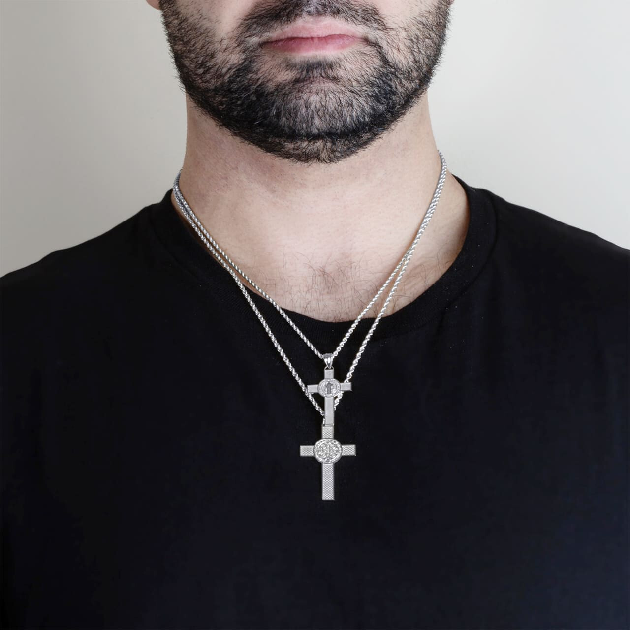 .925 Sterling Silver Saint Benedict Medal Cross Reversible Pendant Necklace S/L