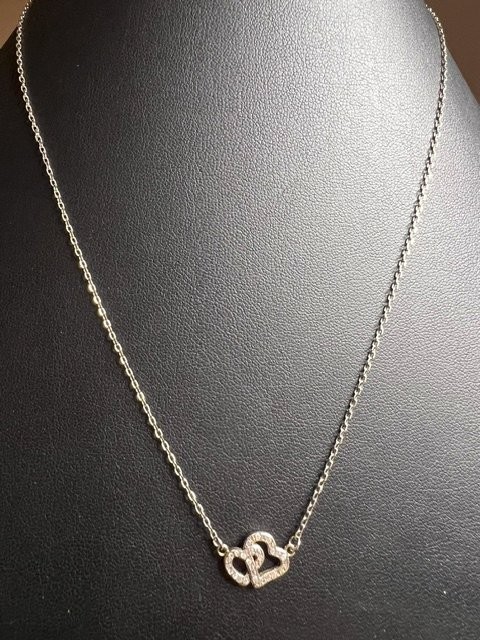 B4981 Sterling Silver Interlocking Hearts Necklace Pave Crystal 16-18″