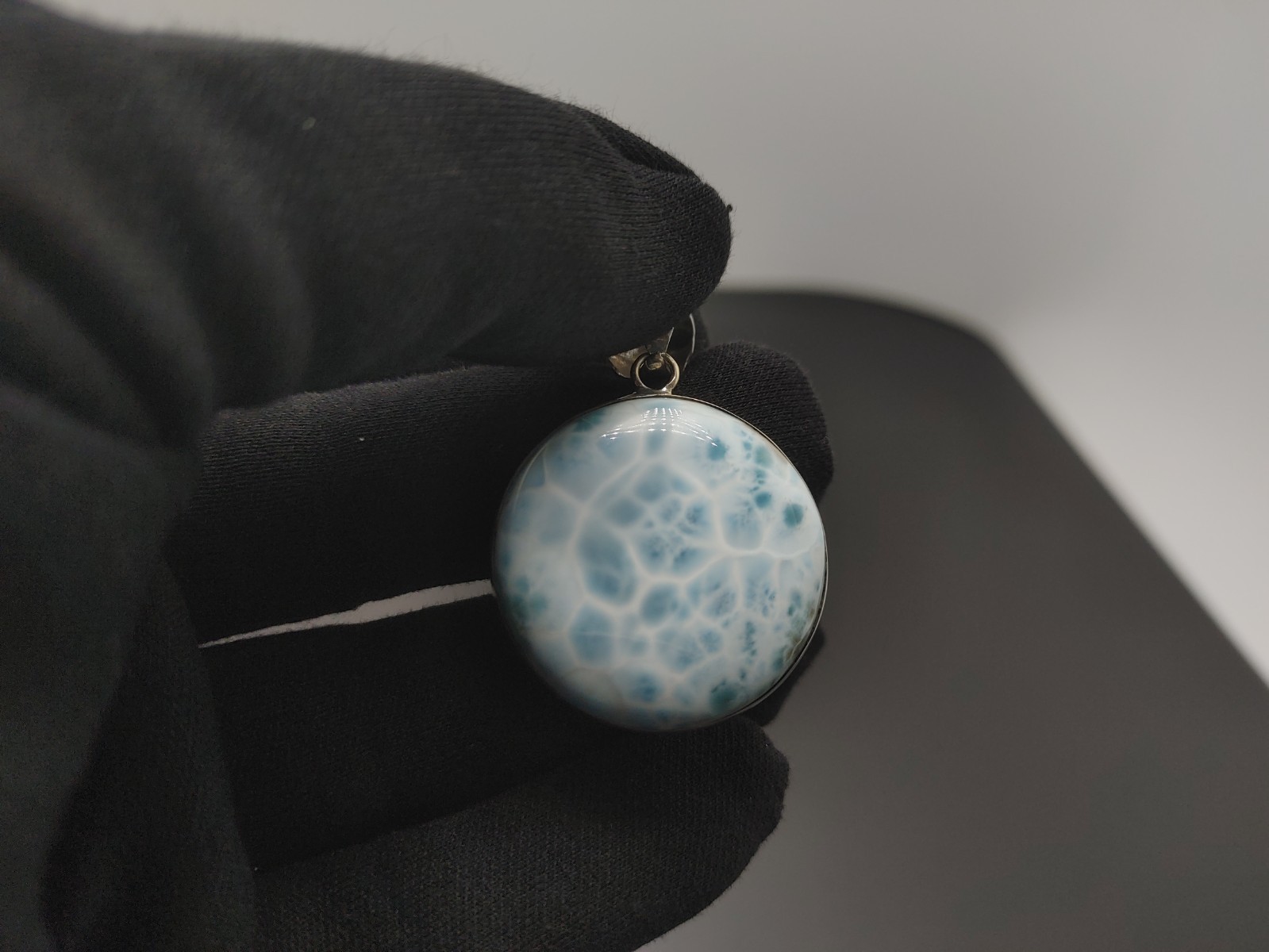 Larimar Circle Pendant- Sterling Silver Setting 23.6 grams