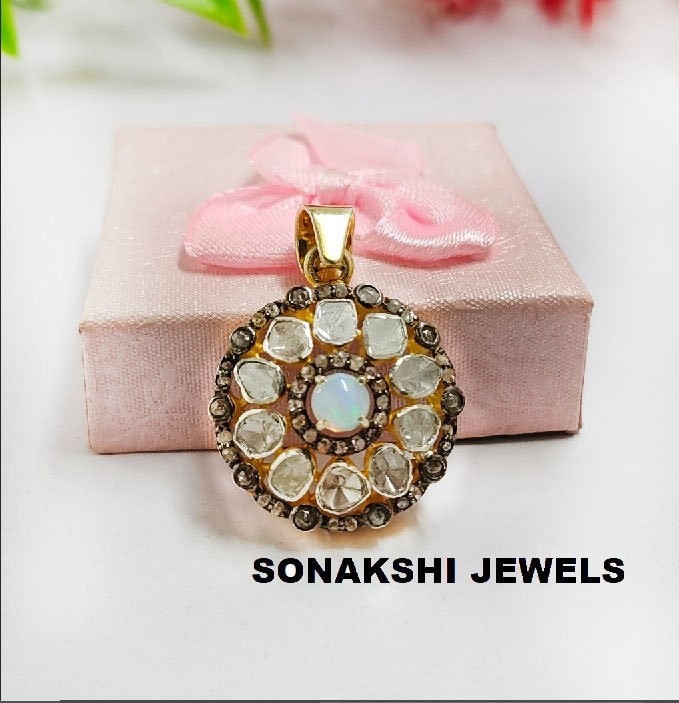 Opal Gemstone & Polki Diamond Pendant 925 Sterling Silver Pendant