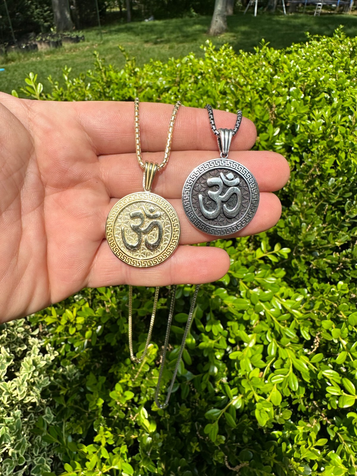 Real 925 Silver / 14k Gold Plated Ohn Hindu Om Big 1″ Medallion Pendant Necklace