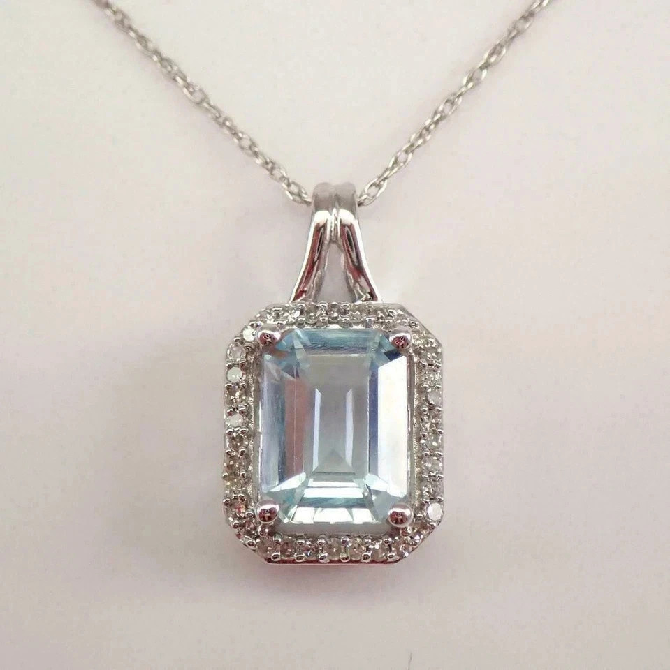 3Ct Lab Created Emerald Aquamarine Halo Pendant White Gold Plated Silver Chain