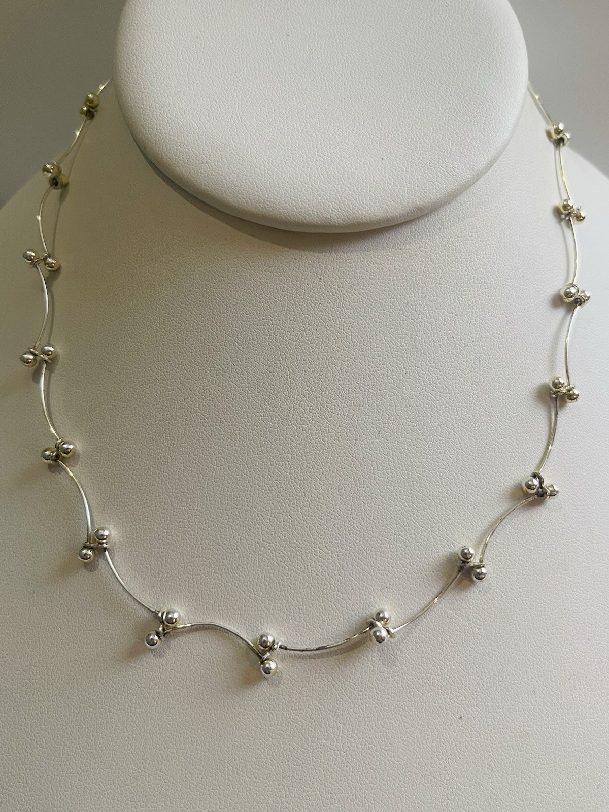 925 Sterling Silver Wavy Bar Link Modernist Necklace 14” Hallmarked