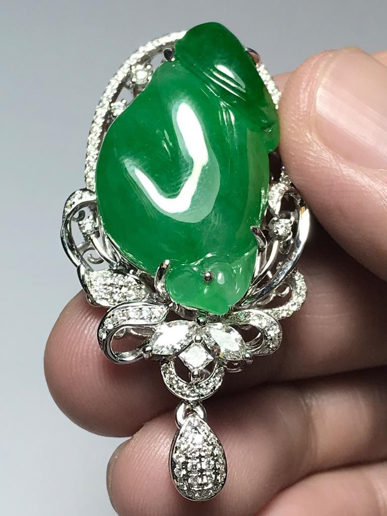 Male Organ God Rich Emerald Green Jadeite Jade 18K White Gold Diamond Pendant