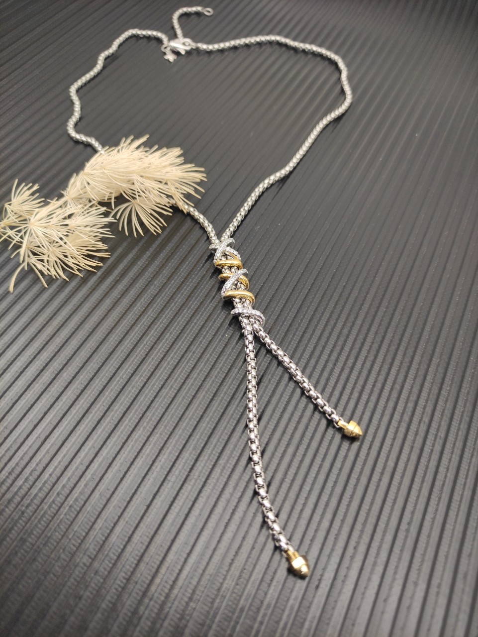 David Yurman Intertwined Lariat Pendant 925Silver 18K Gold Diamond Necklace 55cm
