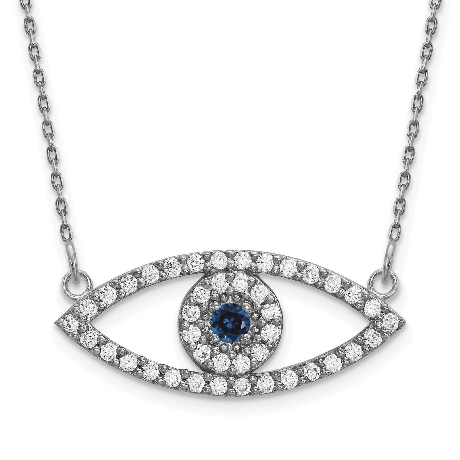 14K White Gold Polished 1/2 carat Diamond and Sapphire Medium Evil Eye 18 inch N