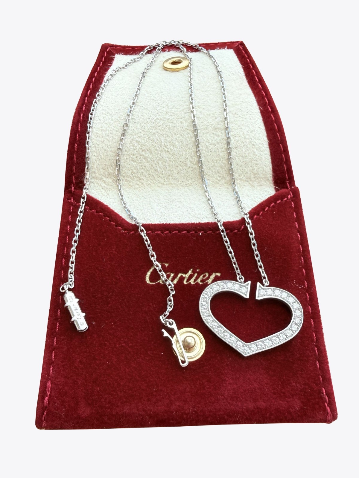 Cartier Round Brilliant Diamond Large C Heart Pendant Necklace 18k White Gold