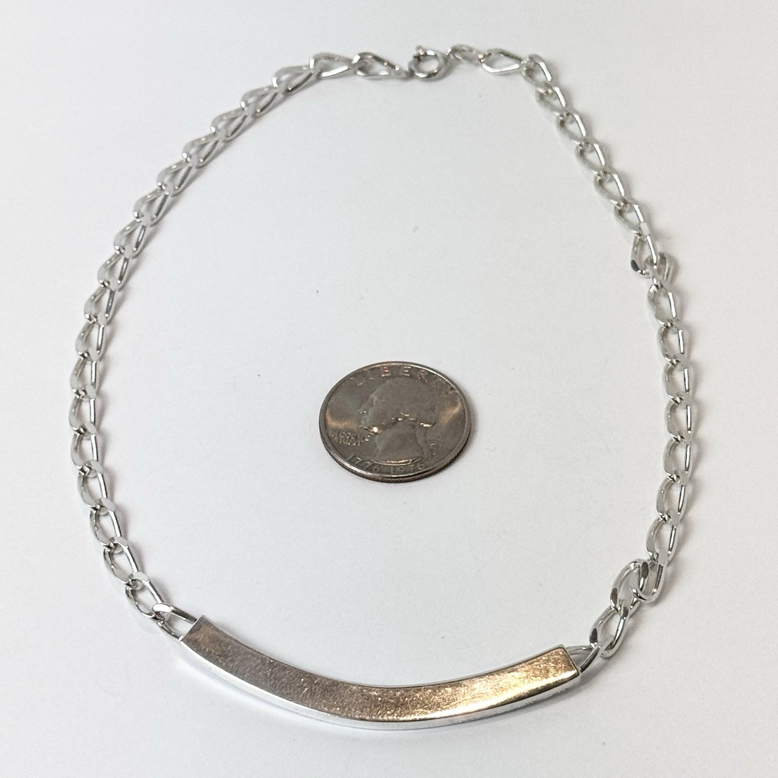 925 Solid 13in Curb Linked Choker Necklace w/ 2.25in Curved Bar/ Total L 15.25in