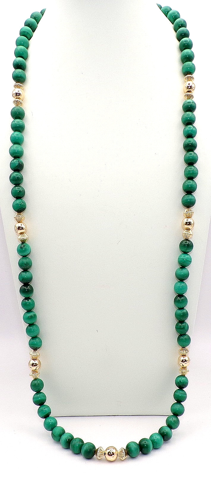 VTG 14K YELLOW GOLD & MALACHITE BALL BEAD 30″ LONG NECKLACE 8-9MM BEADS 95.3 Gr