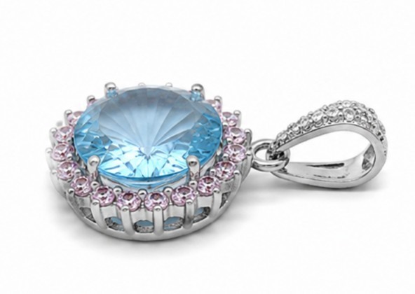 925 Sterling Silver Natural Fancy Cut Blue Topaz & Pink Moissanite Halo Pendant