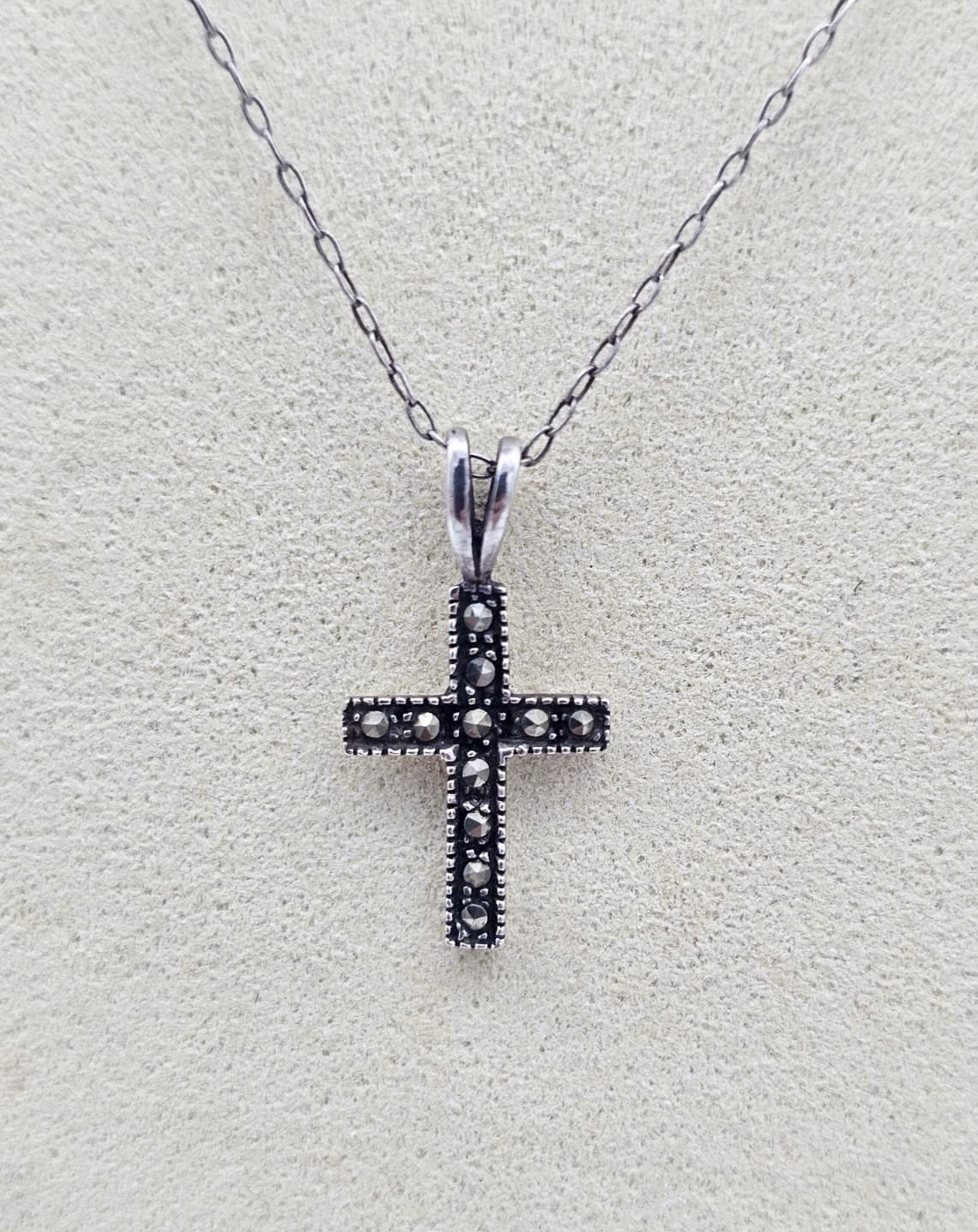 Sterling Silver Marcasite Cross Pendant With A Chain Necklace