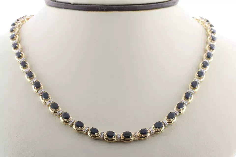14K Yellow Gold Plated Oval Cut Sapphire Tennis Beauty Necklace Lab Created 18″