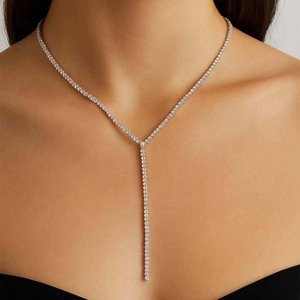 15Ct Round Cut White Moissanite Women’s Tennis Necklace 14k Yellow Gold Plated