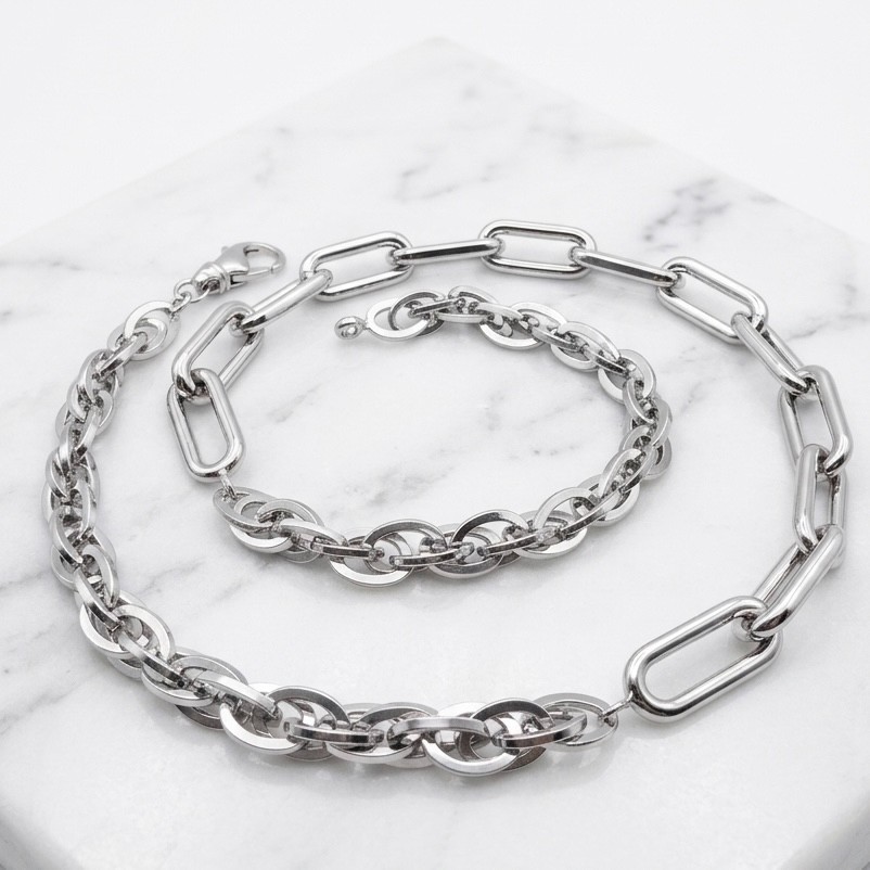 925 Sterling Silver Mixed Paperclip Oval Rope Link Chain Necklace Rhodium Finish