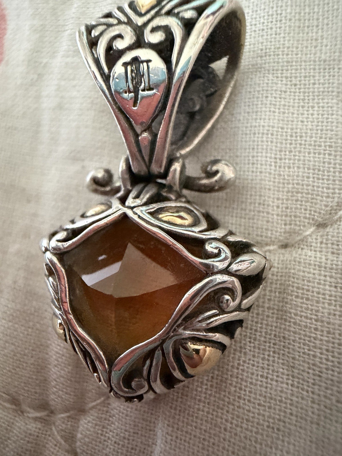 John Hardy citrine pendant W/intricate filigree sterling silver & 18K gold