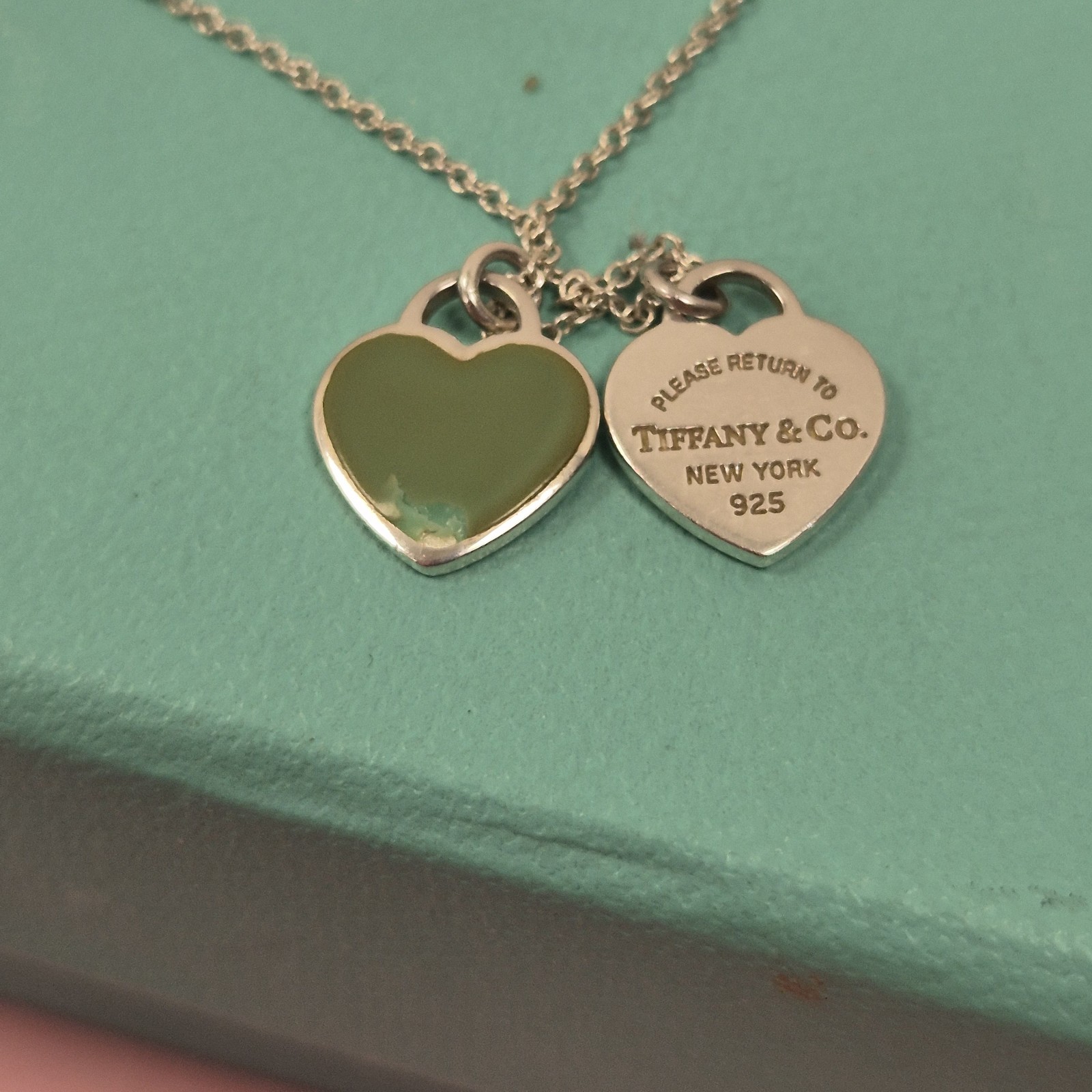 Tiffany & Co Return To Double Mini Green Enamel Heart Silver Necklace Sz 16″#2