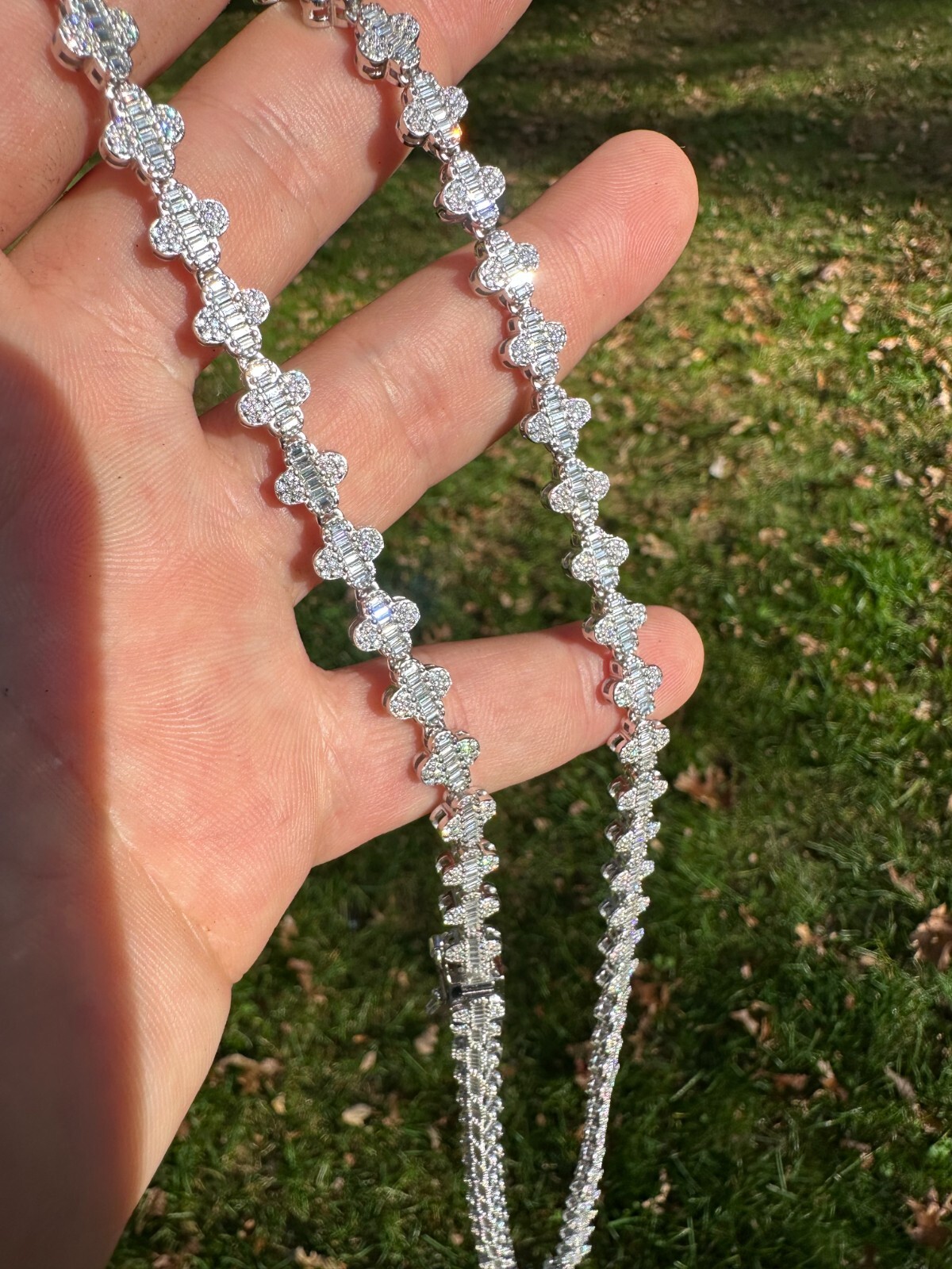 Real Iced MOISSANITE Baguette Clover Tennis Chain Necklace – VVS D Color 8mm