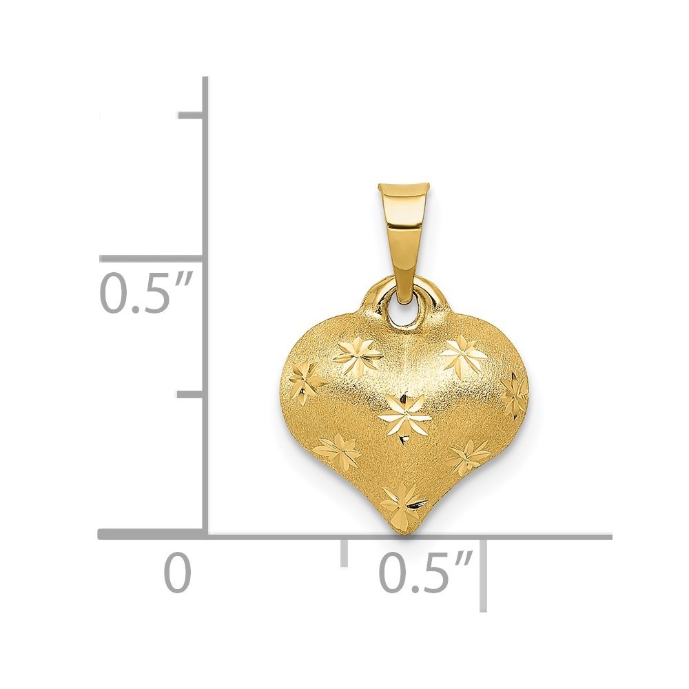14k Yellow Gold & Satin Diamond-cut 3-D Puffed Heart Pendant 0.41gm L-16mm