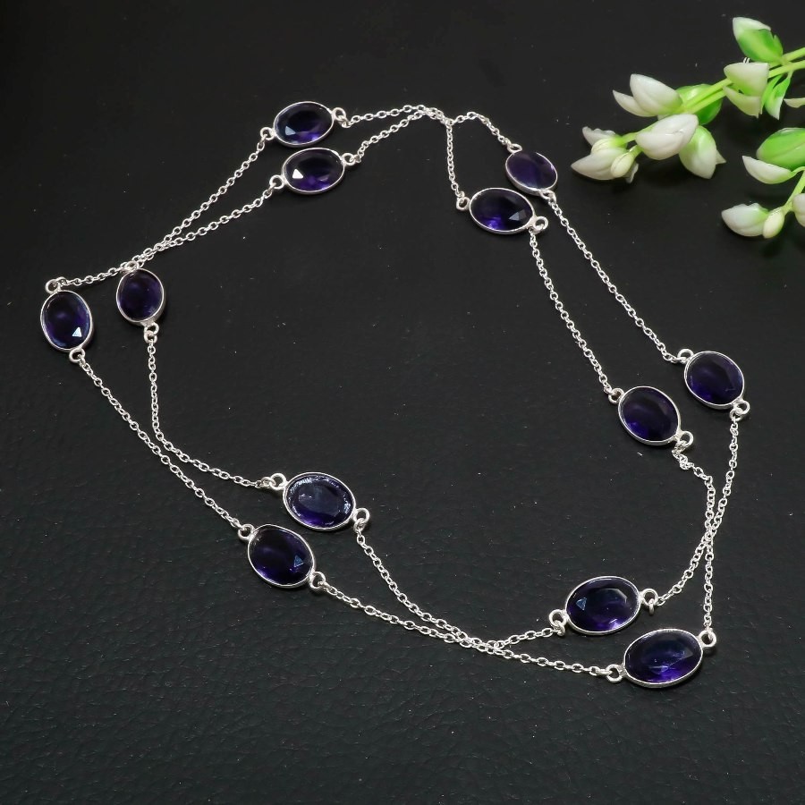 African Amethyst 925 Sterling Silver Oval Gemstone Jewelry Necklace 36″ AAB 258
