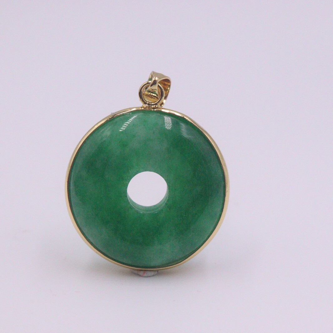 18K Yellow Gold Cover Alloy Handmade Green Jade Round Lucky Pendant 35*26MM