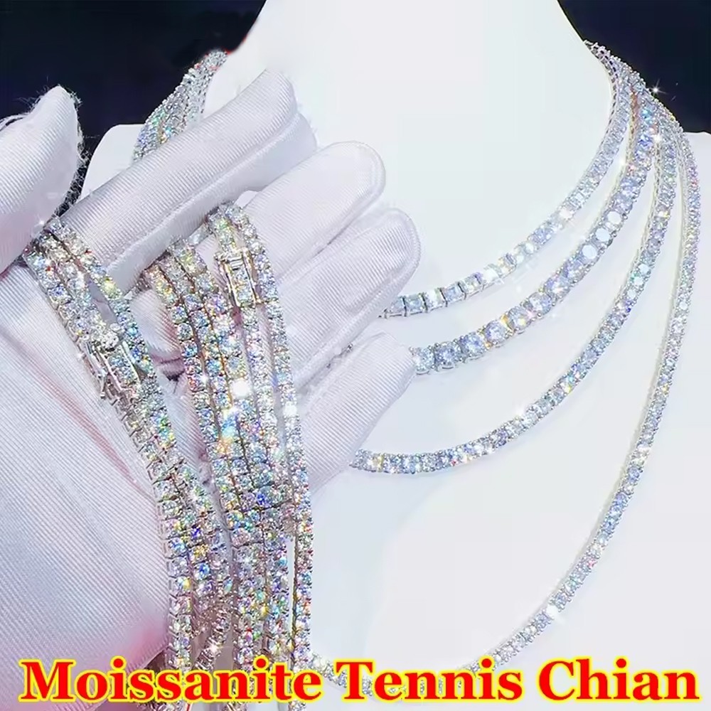 US 4mm D VVS1 MOISSANITE Tennis Chain Necklace – 925 Sterling Silver – Men Women