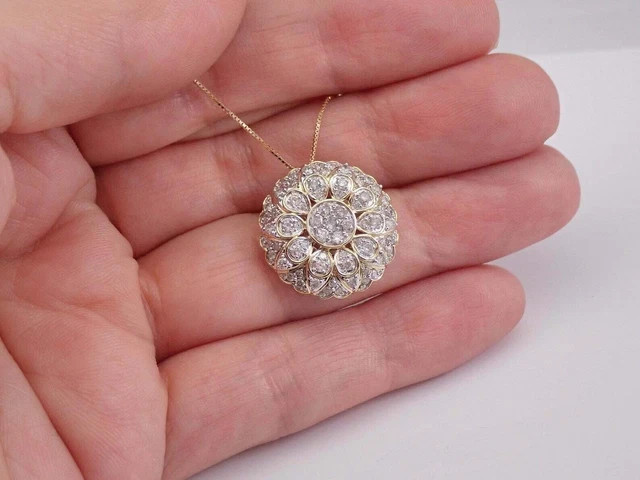4K Yellow Gold Finish 2.00Ct Round Cut VVS/ D Diamond Cluster Pendant Necklace