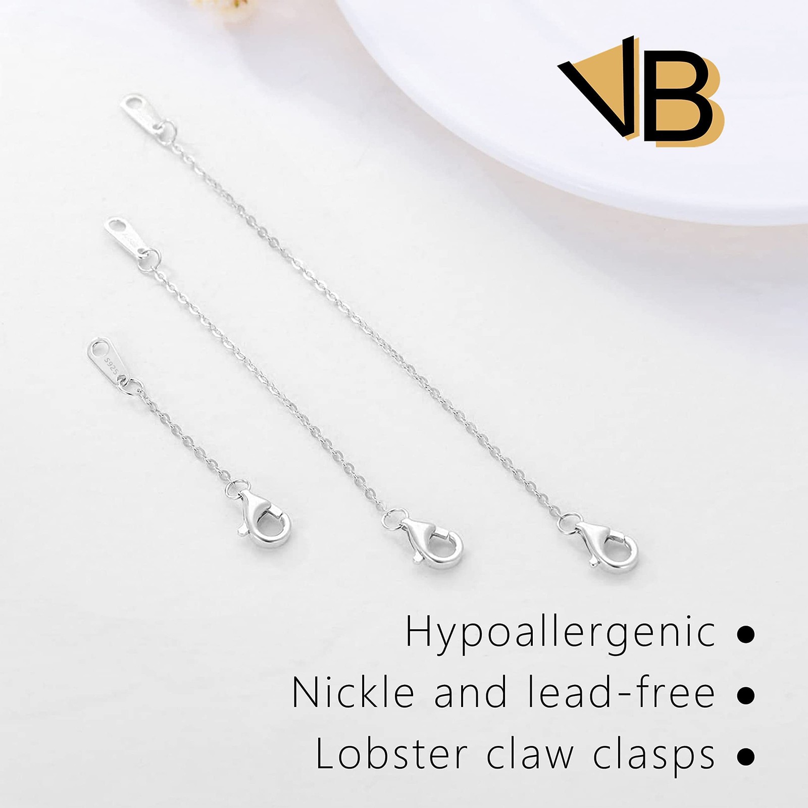 3 Pcs 925 Sterling Silver Necklace Chain Extenders for Bracelet, 1/2/3 Inch