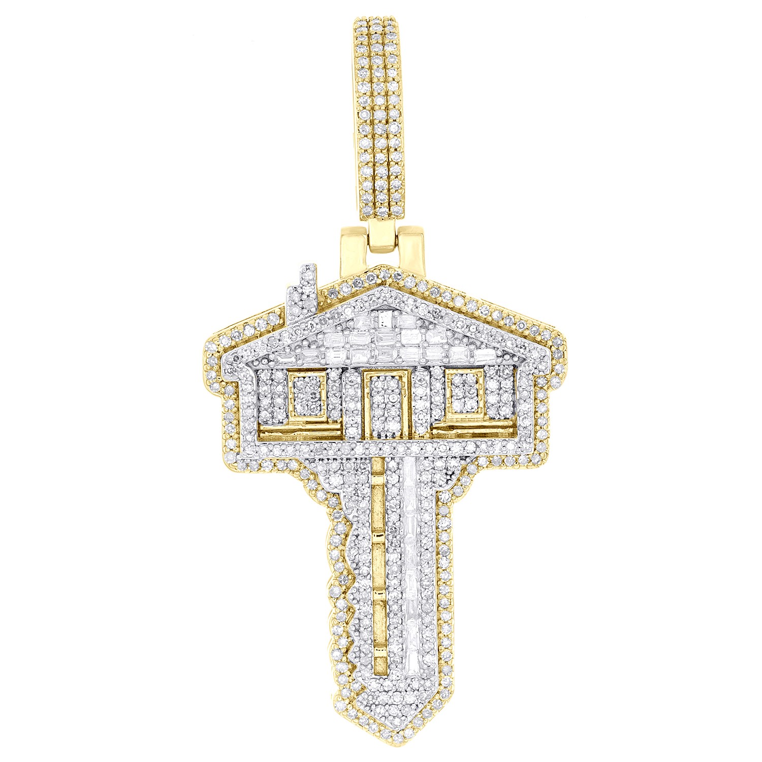 10K Yellow Gold Real Baguette Diamond 2″ Cluster Trap House Key Pendant 1.28 CT