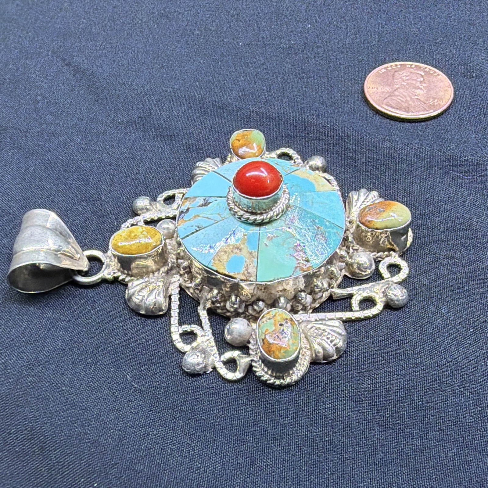 925 Sterling Silver India Turquoise Multi-Stone Inlay Round Pendant Signed