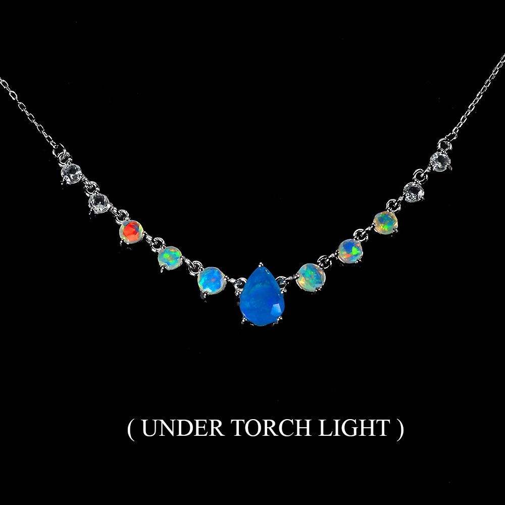 925 Sterling Silver Necklace Pear Blue Opal 8x6mm Fire Opal Gemstone Jewelry 15