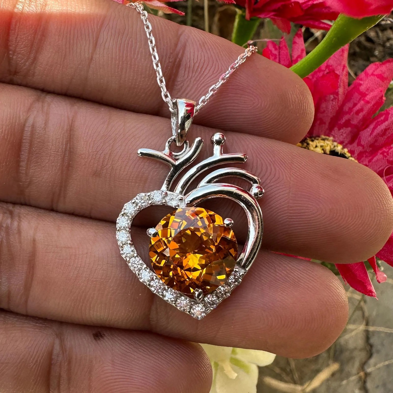 Certified Orange Sapphire 27 Ct Heart Pendant Necklace 925 Sterling Silver