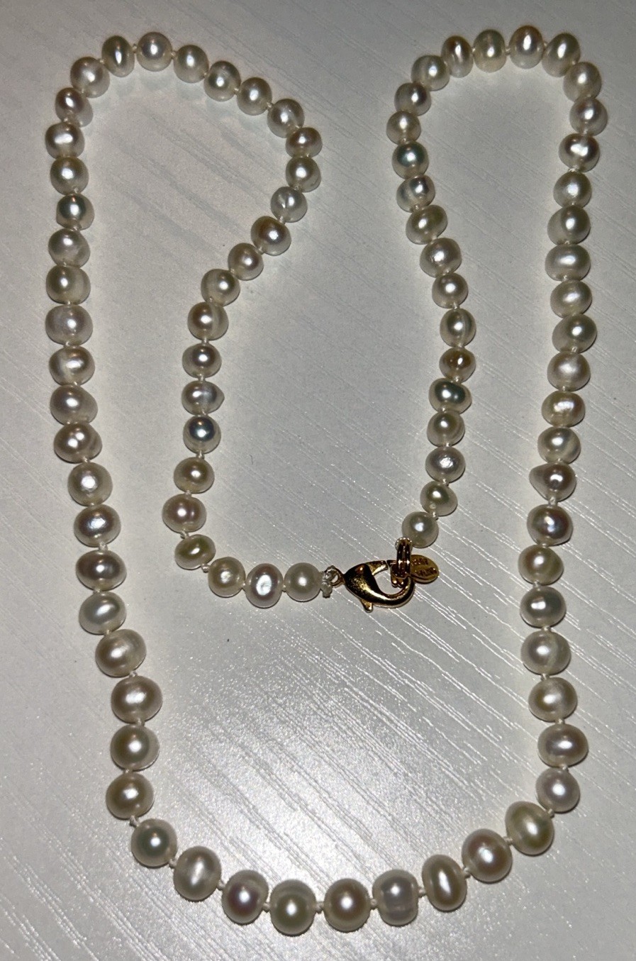W Lind Cultured Pearl Necklace 19.5” Hand Knotted 7-8mm 14k GE 80s Vintage 19g