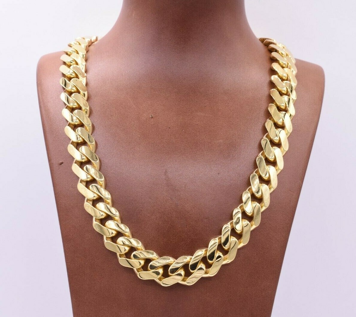 15mm Miami Cuban Royal Curb Chain Necklace Box Clasp Real 14K Yellow Gold