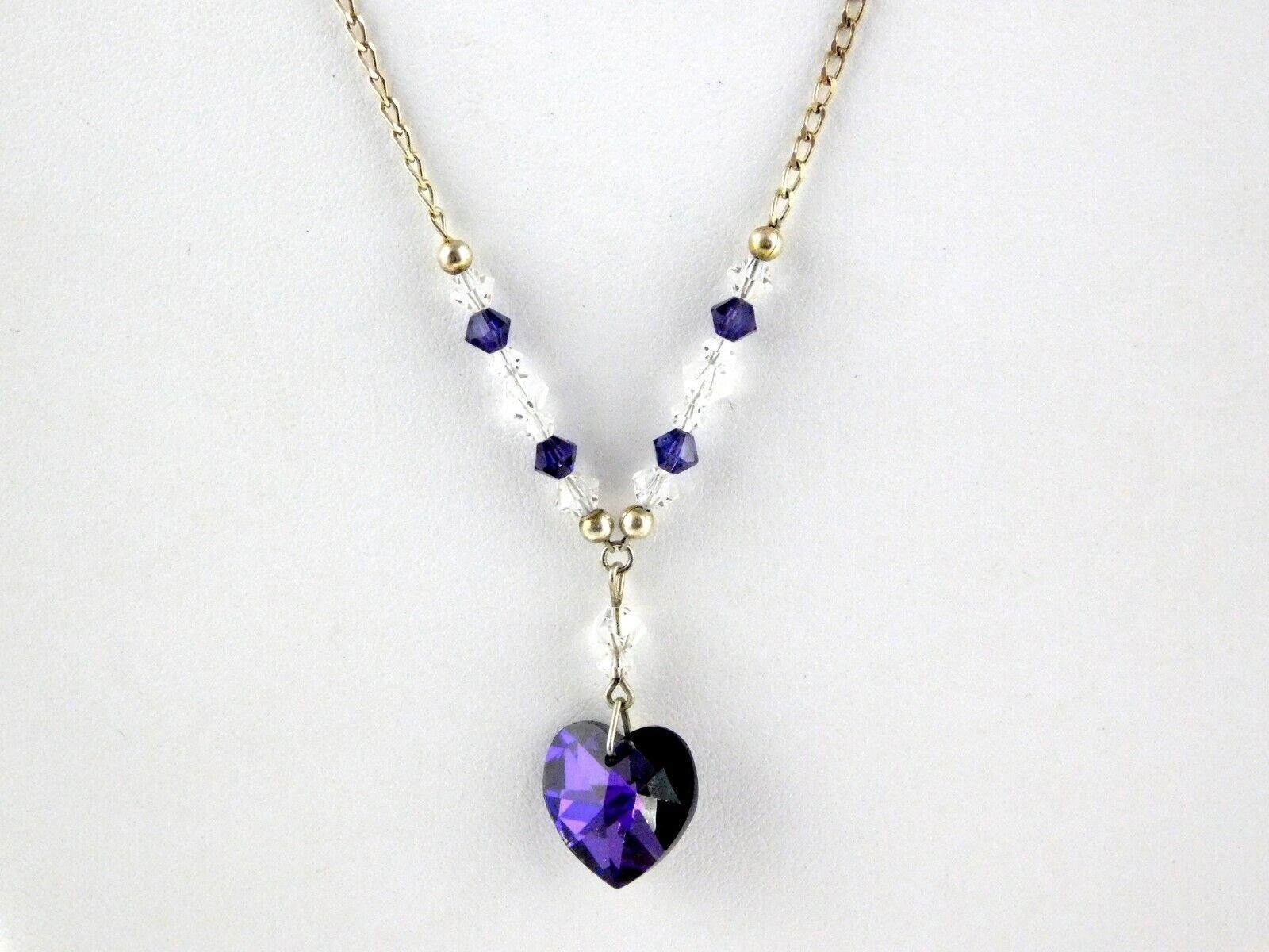 Sterling Silver Purple Crystal Rhinestone Heart Pendant Necklace 17.5 Inches 5g