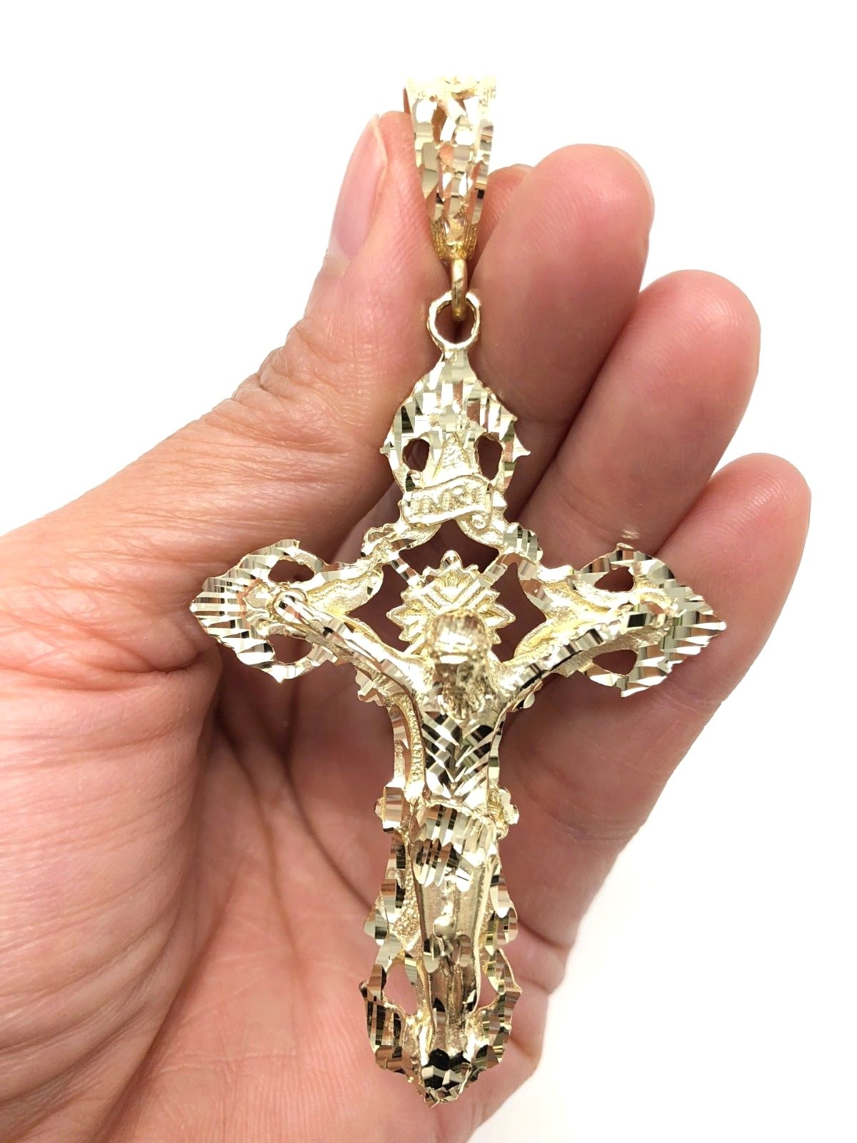 14k Yellow Gold Religious INRI Jesus Christ 3D Big Cross Pendant 3.36″ 16.4grams