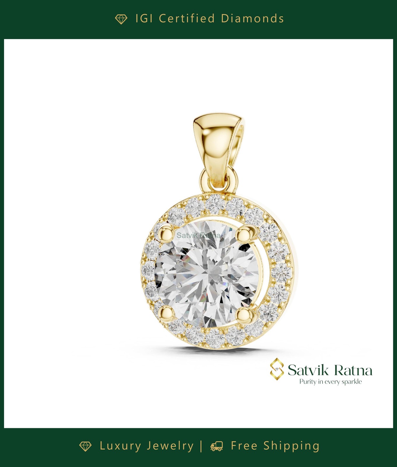 Wedding Lab Grown Diamond Custom Made Women Pendant 14K Yellow Gold Round IGI