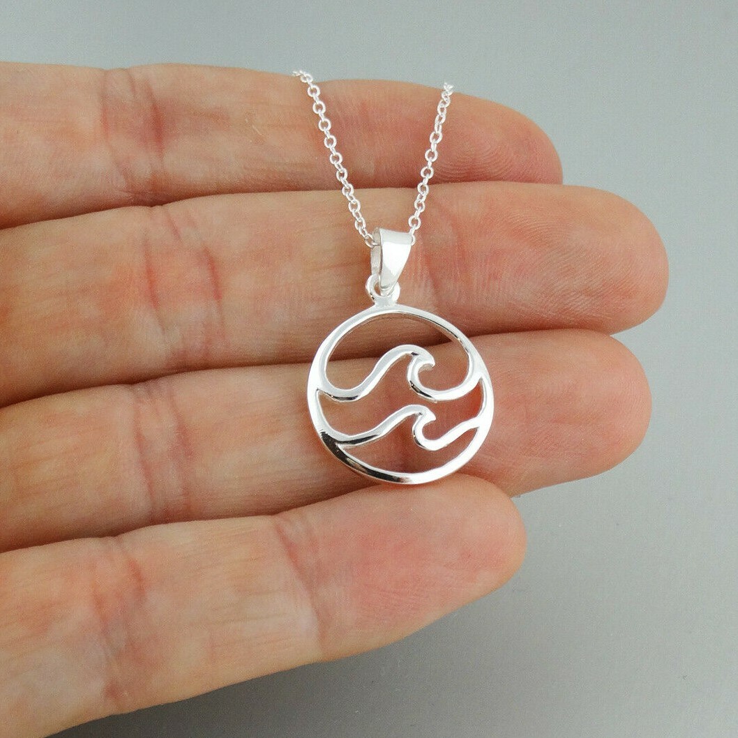Two Ocean Waves in Circle Pendant Necklace 925 Sterling Silver Beach Gift Sea
