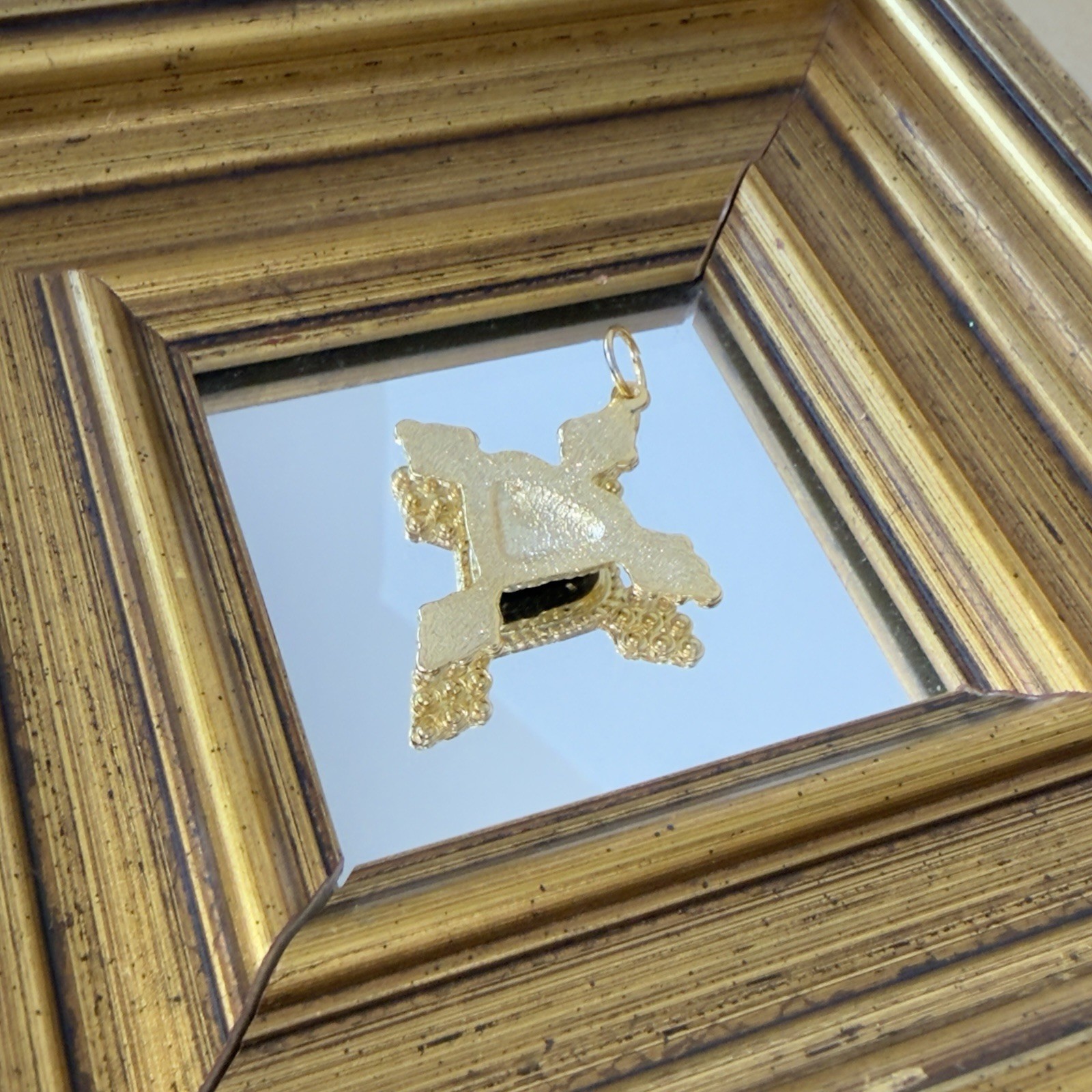 Gold-tone Sacred Heart Cross Pendant, Milagro / Ex-voto La Croix Charm with Onyx